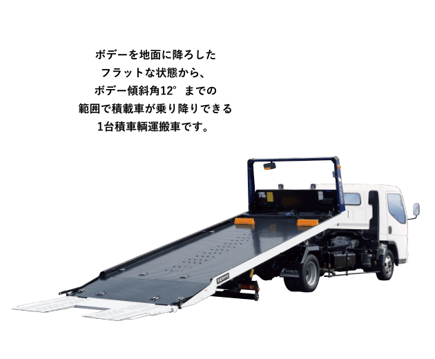 ［フラトップ&reg;Zero］ボデーを地面に降ろしたフラットな状態から、ボデー傾斜角12°までの範囲で積載車が乗り降りできる1台積車輌運搬車です。