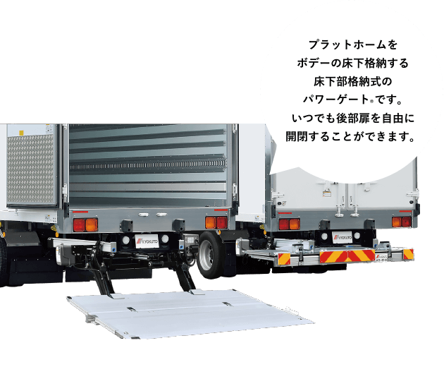 ［パワーゲート&reg;CGシリーズ］プラットホームをボデーの床下格納する床下部格納式のパワーゲート&reg;です。いつでも後部扉を自由に開閉することができます。