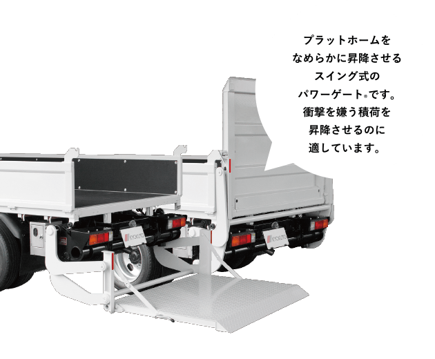 ［パワーゲート&reg;Sシリーズ］プラットホームをなめらかに昇降させるスイング式のパワーゲート&reg;です。衝撃を嫌う積荷を昇降させるのに適しています。