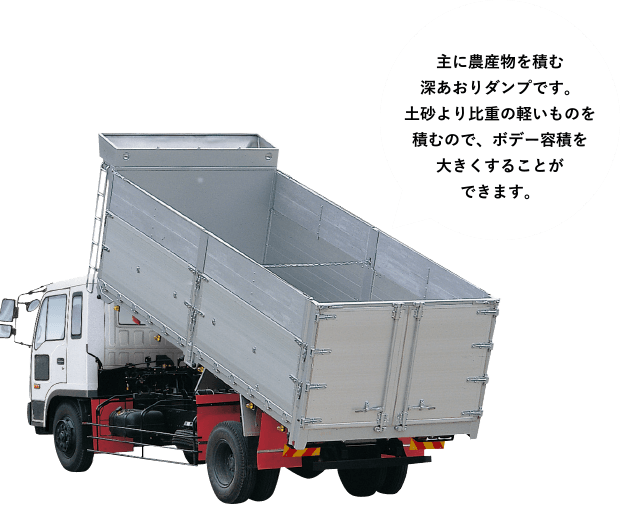 ［ファームダンプ］主に農産物を積む深あおりダンプです。土砂より比重の軽いものを積むので、ボデー容積を大きくすることができます。